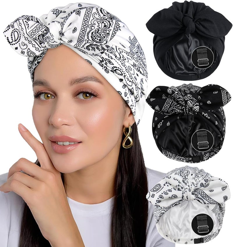 Babalet Store 3PCS Satin Lined Beanies for Women Pre-Tied Bowknot Chemo Headwear Silky Lined Cotton Sleeping Cap - Image 1